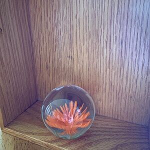 Vintage Glass Paperweight with Orange Flower